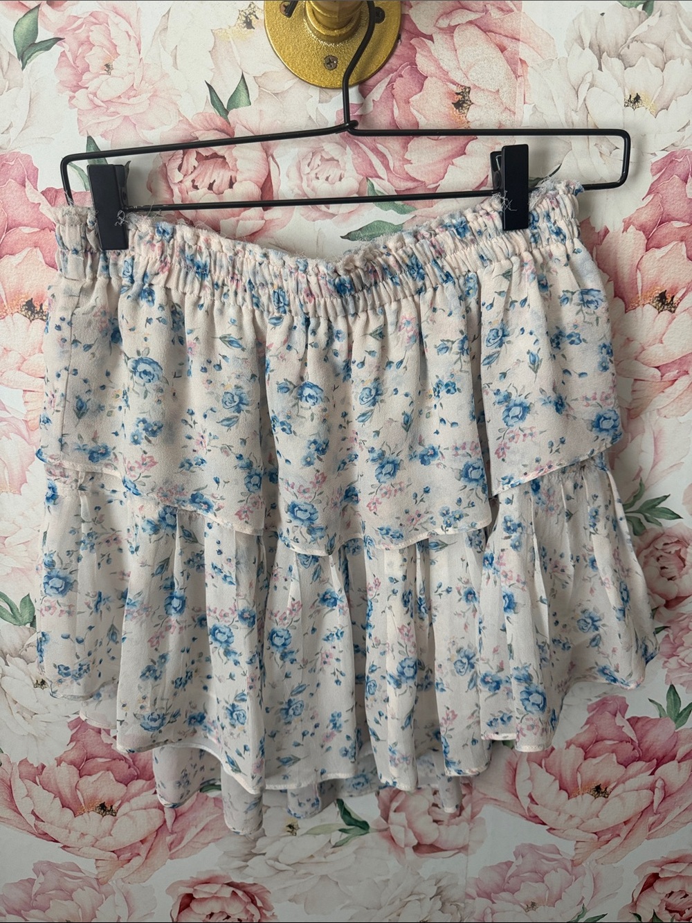 LoveShackFancy Blue Pink Floral Ruffle Tiered Mini Skirt SILK size M - Picture 2 of 6